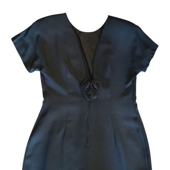 VTG Black Low Back Rosette Midi Sheath Dress Deadstock Size 14 *Fits like Large - Picture 6 of 15